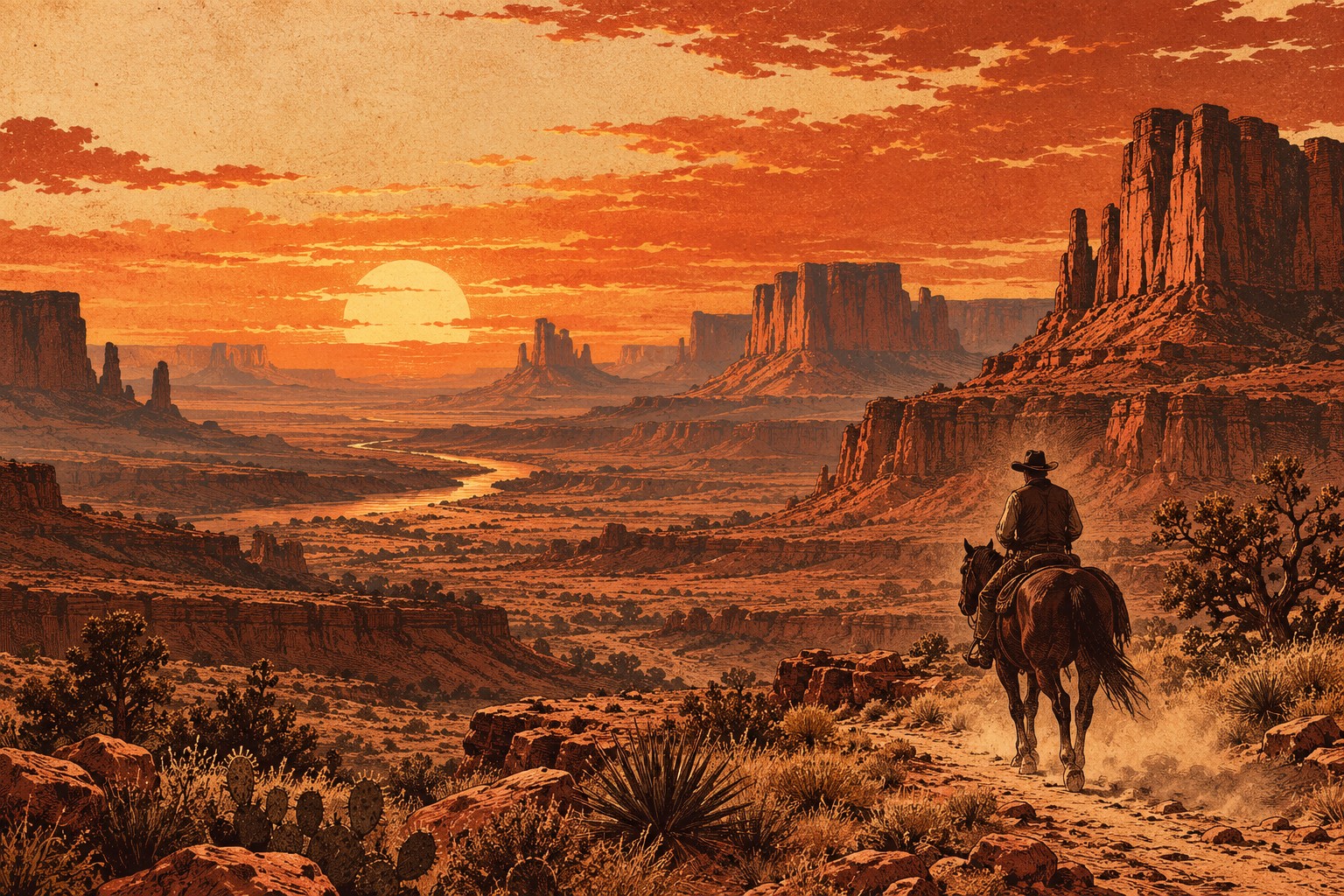 Illustrazione western di un cowboy a cavallo tra canyon e paesaggi texani